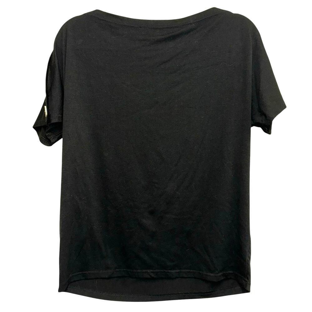 Black Button Shoulder Top Medium Drape Neck Short Sleeve Blouse - Picture 2 of 5